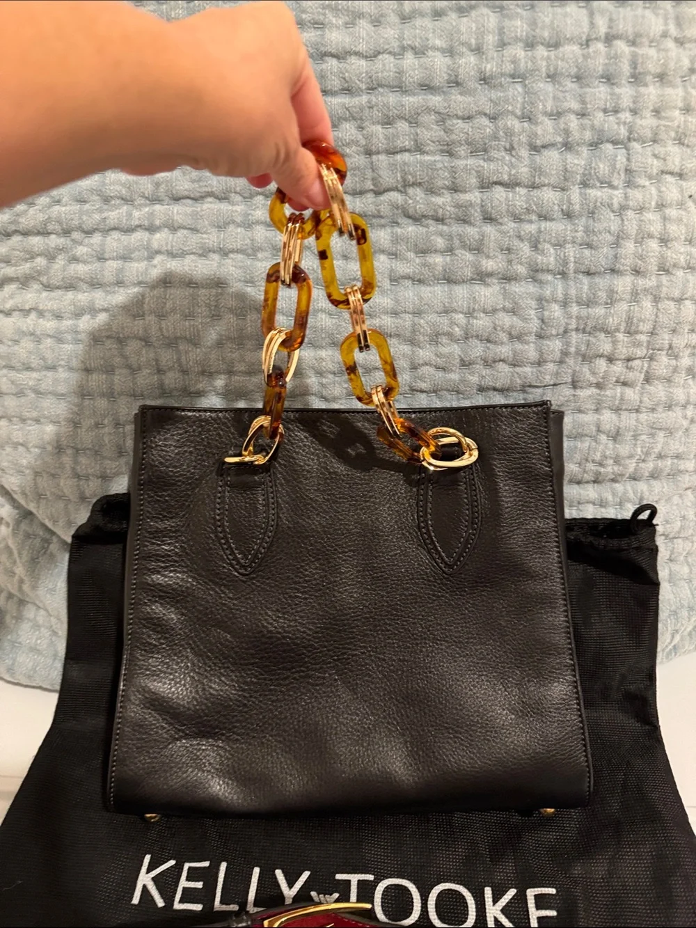 Kelly -Tooke Black Leather Shoulder Bag with Gold Chain Accent